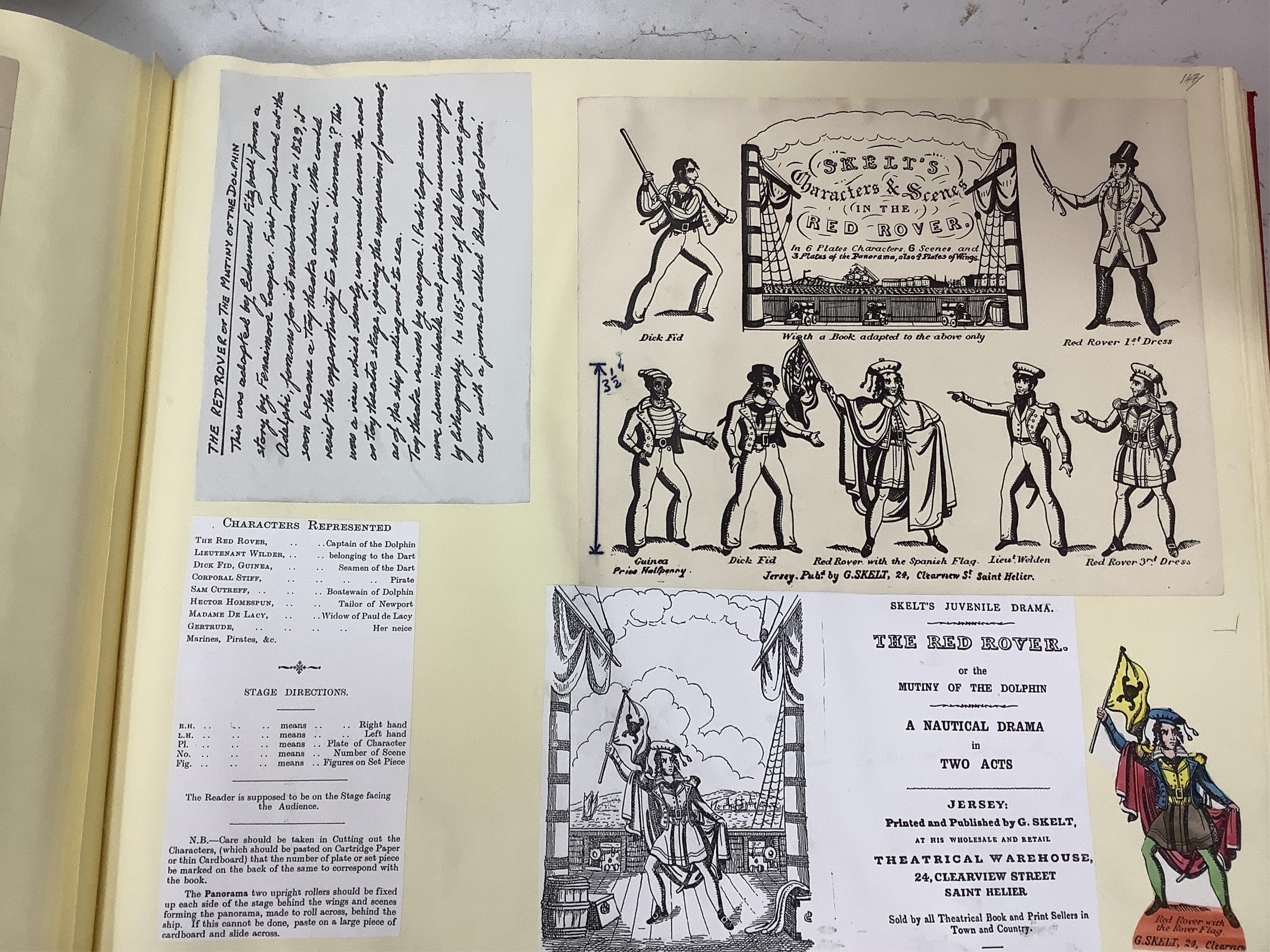 Juvenile dramas, toy theatre archive including Lloyd-Skelt, Dyer, hand coloured large scenes, characters, scenes portraits etc. pasted in six large albums